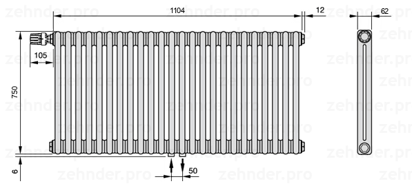 Схема (чертеж) Радиатор Zehnder Charleston 2075/24 №V007 Белый глянцевый RAL 9016